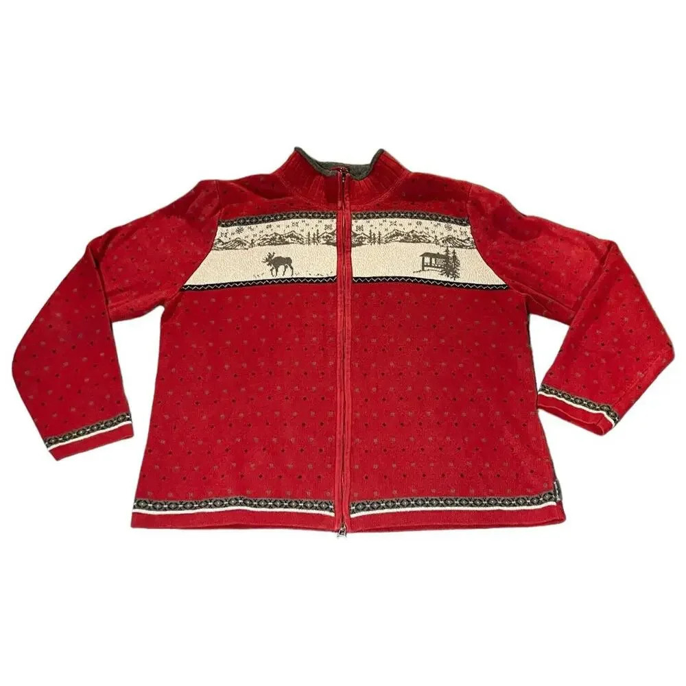 Woolrich Holiday Sweater Women Large Ruby Red Ramie Moose Cottage FullZip Jacket